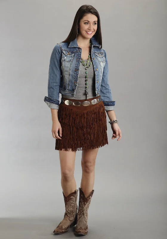 Fashion Sale Stetson Womens Brown Mid Length Suede Leather Skirt Western Fringe Cowgirl