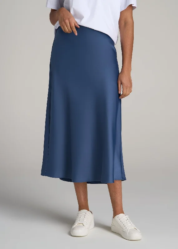 Latest Fashion Pull-On Satin Midi Skirt for Tall Women in Steel Blue