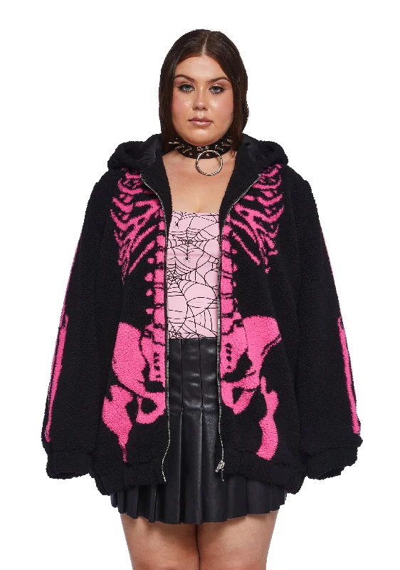 Special Offers, Don't Miss Plus Baring It All Skeleton Hooded Sherpa Jacket - Pink