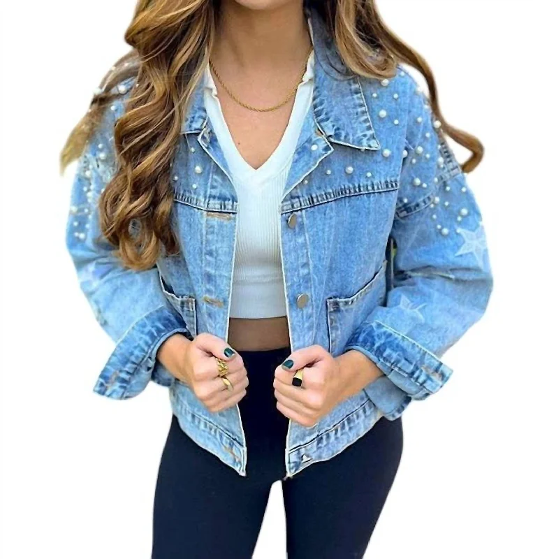 Limited Quantities Pearl Studded Denim Jacket In Light Wash