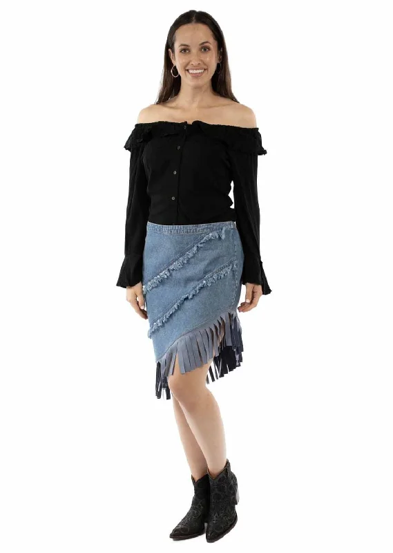 Limited Time Special Offer Scully Womens Asymmetrical Fringe Bottom Blue 100% Cotton Skirt