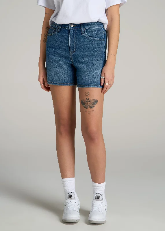 Elegant Styles High Rise Denim Shorts for Tall Women in Classic Mid Blue