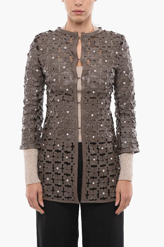 Fashion Forward Femininity Caban Romantic Sheer Overcoat with Embossed Leather Applications