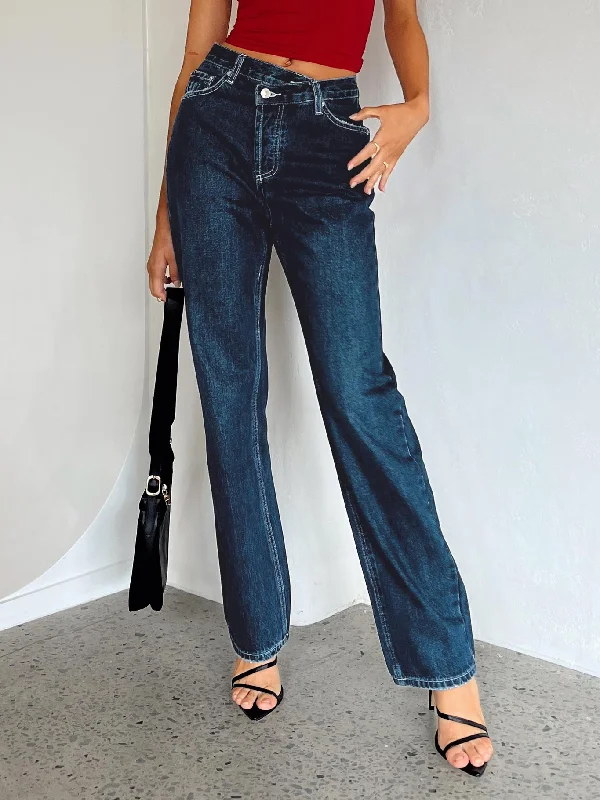 Fresh Styles, Fresh Deals Holly Asymmetric Straight Leg Jean Dark Wash Denim