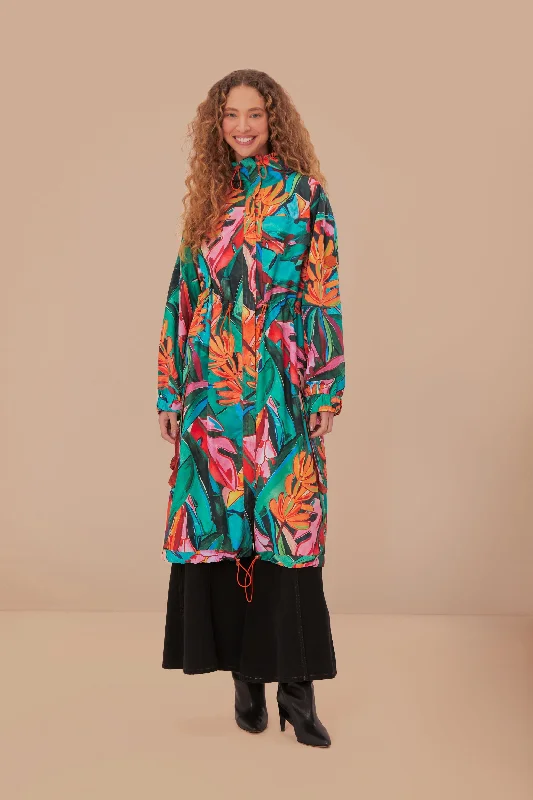 Charming Silhouette Green Banana Foliage Maxi Raincoat