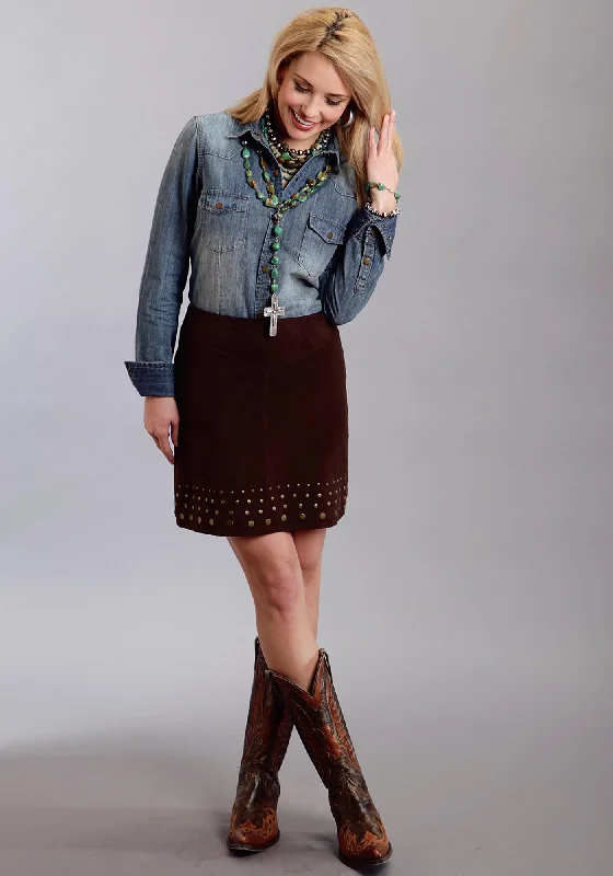 Chic Outfits Stetson Ladies Brown Leather Nailheads Suede Lamb Skirt