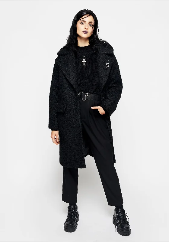 Designer Wear On Sale Gorgon Bouclé Oversized Coat with Snake Brooch - Black