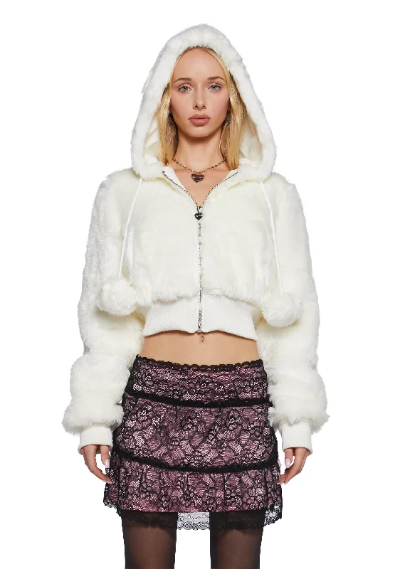 Floral Style Candy Blossom Faux Fur Hoodie - Ivory