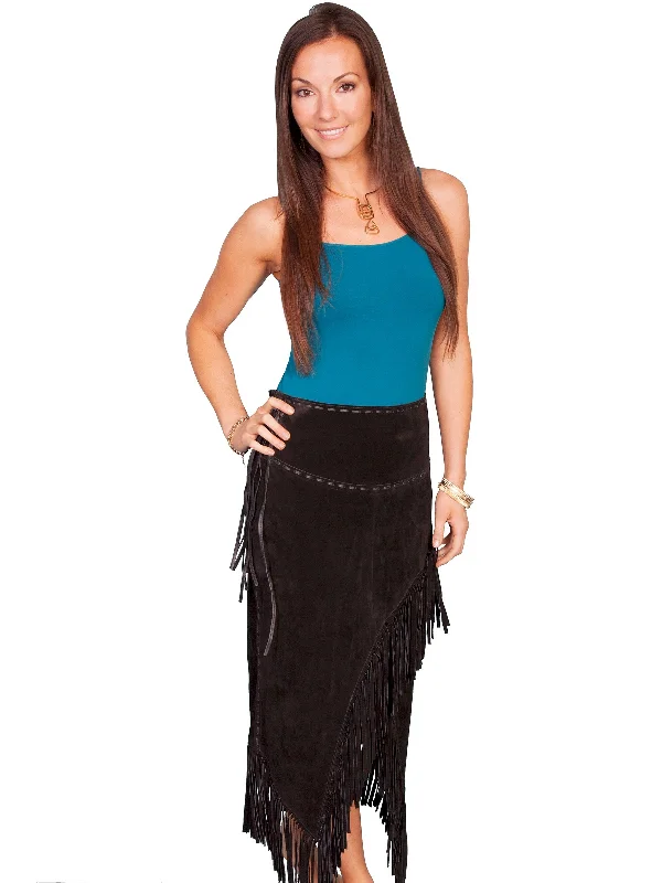 Trend Alert Scully Leather Womens Long Boar Suede Tie Side Fringe Skirt Black