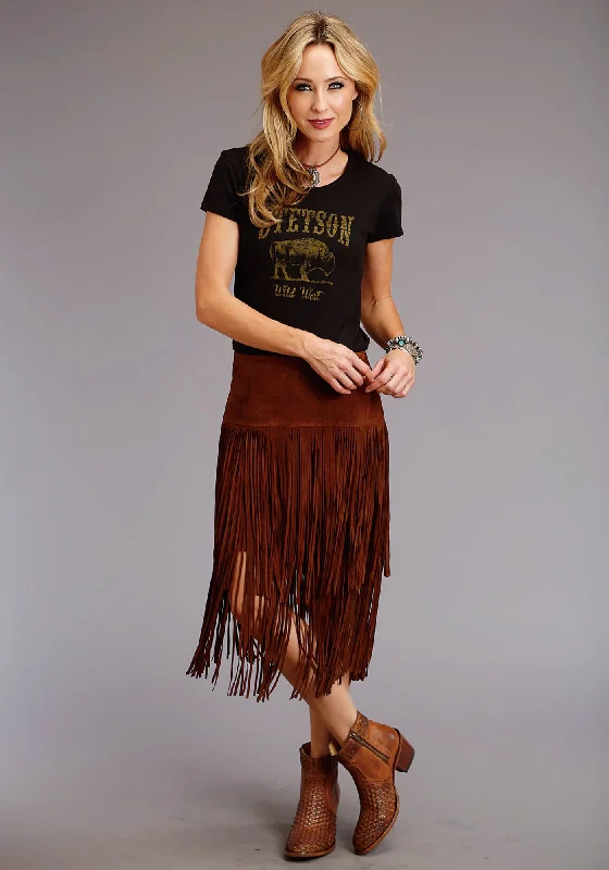 Casual Elegance Stetson Womens Brown Leather Lamb Suede Fringe Skirt