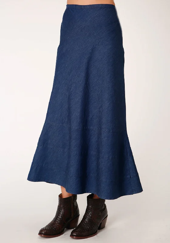 Evening Elegance Roper Womens Indigo Blue 100% Cotton Bias Cut Midi Skirt