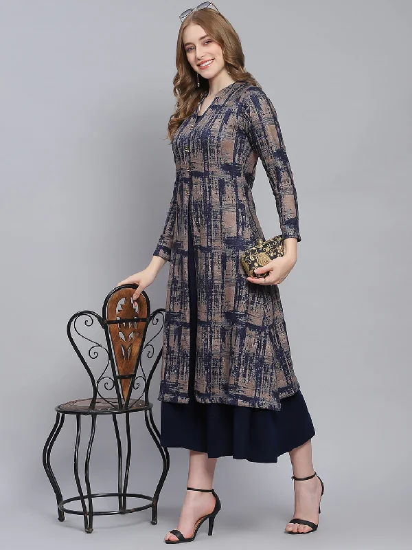 Graceful Drape Women Navy Blue Self Design V Neck Full Sleeve Kurtis Set