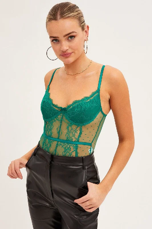 Flash Sales Green Bodysuit Sleeveless Sweetheart Lace Jersey