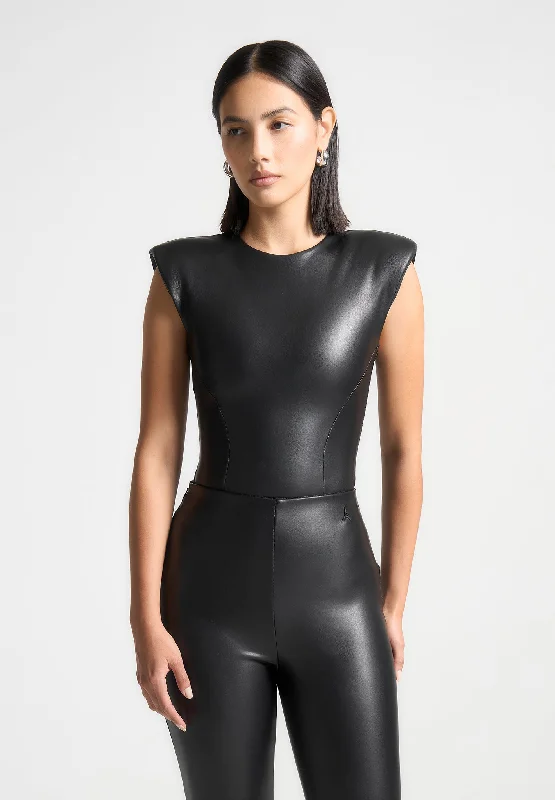 Elegant Simplicity Wardrobe Wide Shoulder Leather Bodysuit - Black