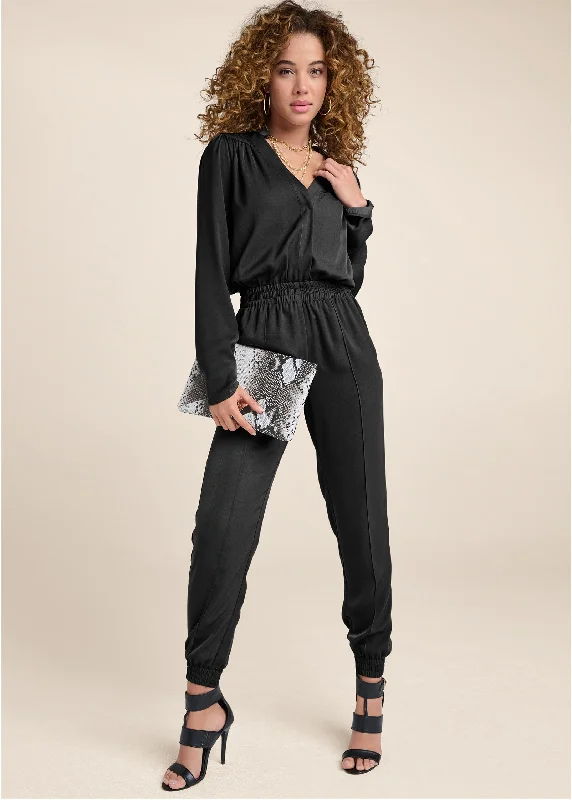 Fashion Forward, Function First Smocked Jogger Jumpsuit - Black