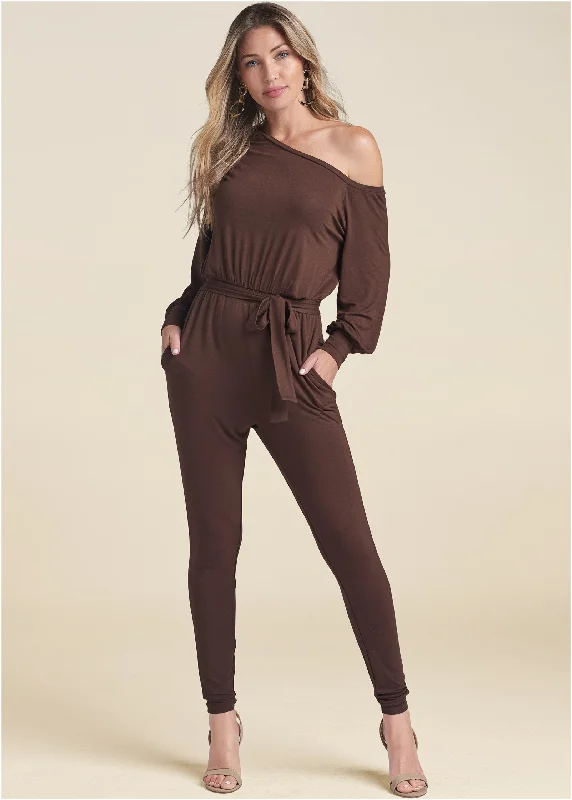 Save Big Off-Shoulder Jumpsuit - Dark Brown