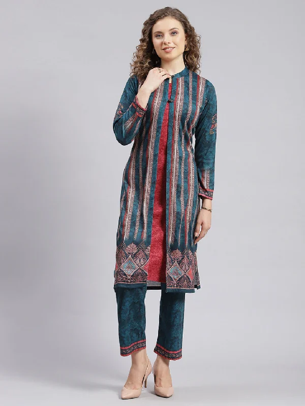 Parisian Effortless Chic Style Women Blue & Red Self Design Wool blend Kurti Set