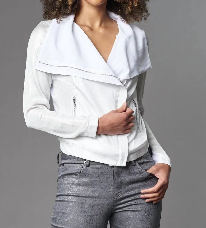 Contemporary Elegance Foil Satin Moto Jacket In White