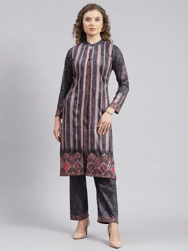 Feminine Soft - Hued Look Women Grey Self Design Wool blend Kurti Set