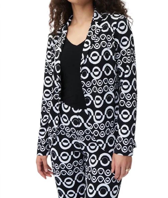 Cottagecore Rustic Charm Style Geo Print Tailored Blazer In Black/vanilla