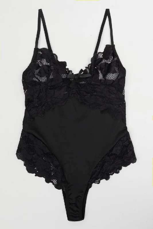 Disco - Inspired Retro Dance Look Black Lace Contrast Bodysuit Lingerie