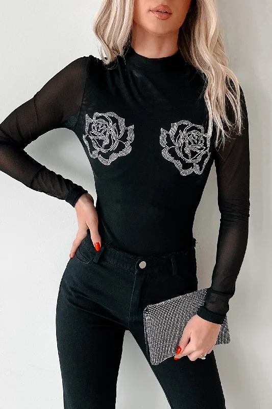 Fashionista Favorites Playing Hard To Forget Rhinestone Rosette Mesh Bodysuit (Black)