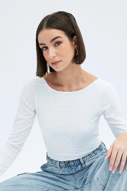 Athleisure Wear Promotion White Bodysuit Long Sleeve Crew Neck Rib