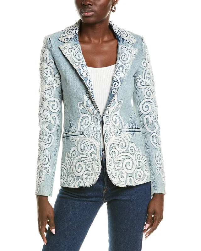 Lightweight Fabric alice + olivia Macey Embroidered Denim Blazer