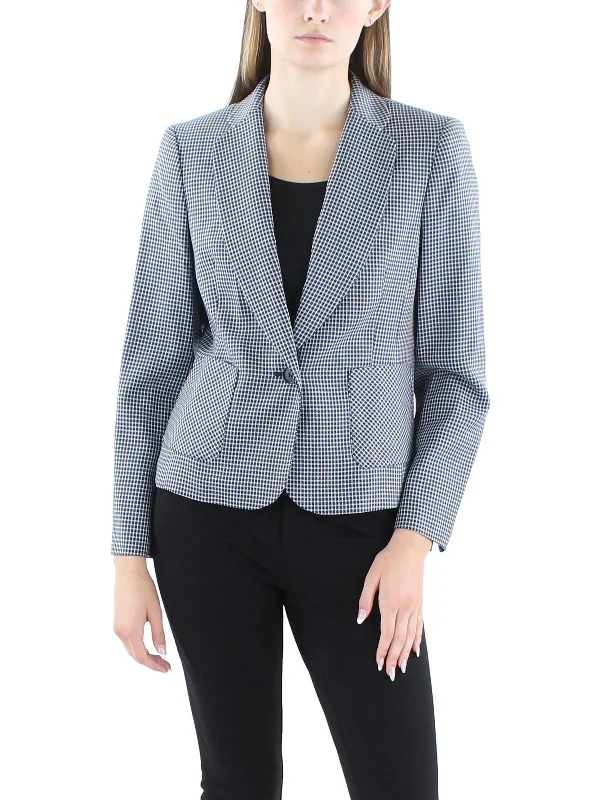 Trend Alert Petites Womens Houndstooth Notch Collar One-Button Blazer