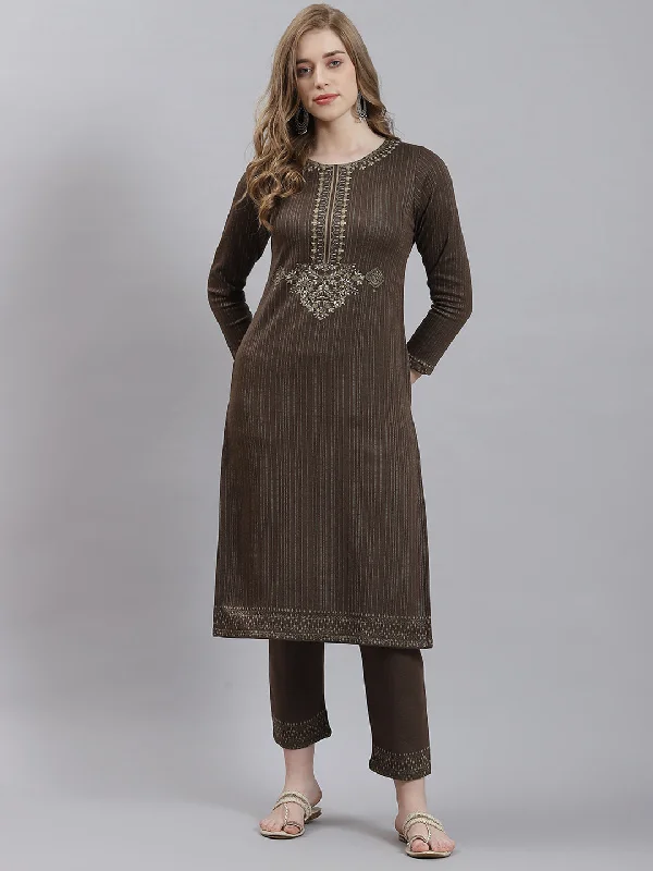 Contemporary Elegance Women Beige Self Kurti+Lower Set