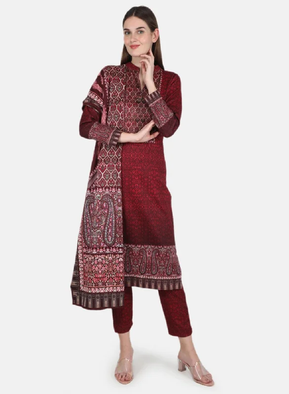 Special Offers Women Maroon 3 Pc set (Kurti+Stole+Lower) for Winter