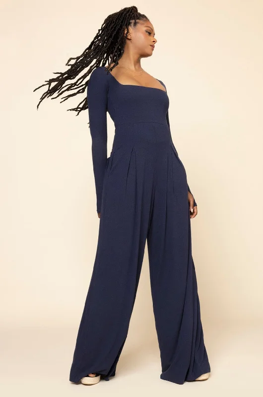 Exquisite Craftsmanship Go With The Flow Long Sleeve Jumpsuit - Cosmic Navy