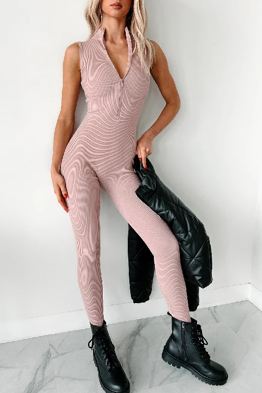 Art Deco Geometric Pattern Look Luck Of The Draw Ribbed Half Zip Jumpsuit (Dusty Pink)