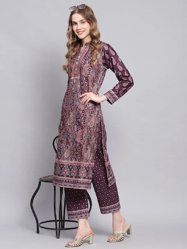 Graceful Cut Women Purple Self Design Mandarin Collar Full Sleeve Kurtis Set