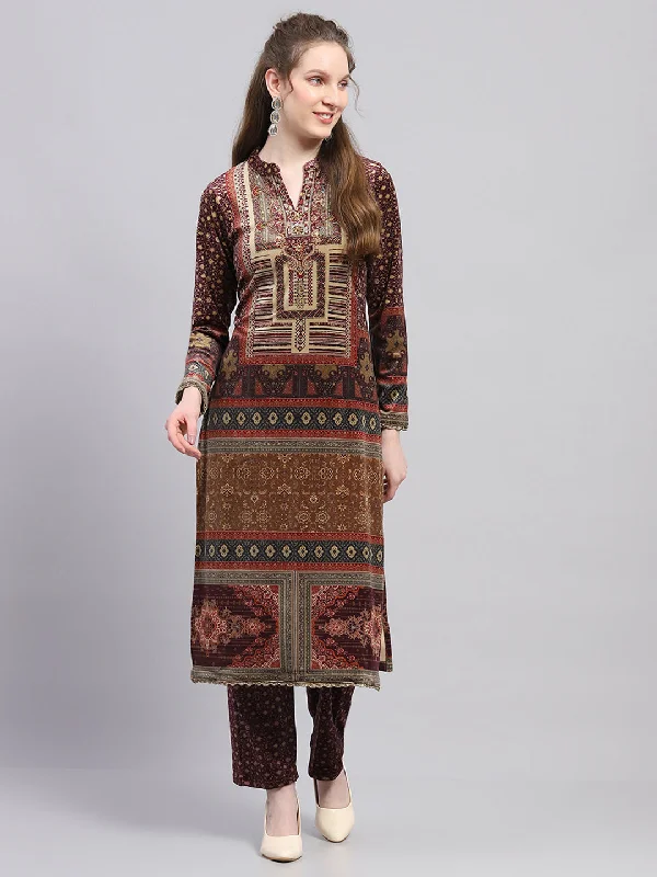 Trendy Women's Collection Women Maroon Printed Round Neck Full Sleeve Kurti Set for Winter