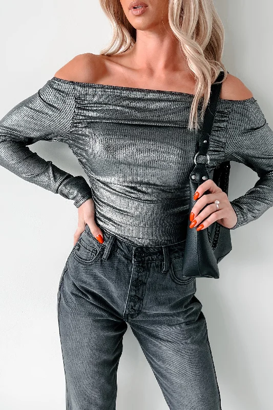 Subtle Sophistication Midnight Magnetism Off The Shoulder Metallic Bodysuit (Galaxy Black)