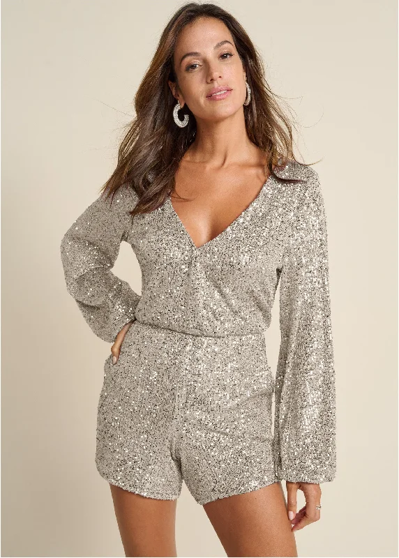 Bold Fashion Surplice Sequin Romper - Champagne