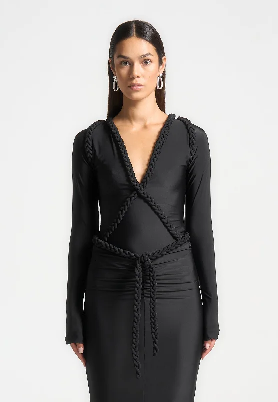 Chic And Trendy Plait Detail Plunge Bodysuit - Black