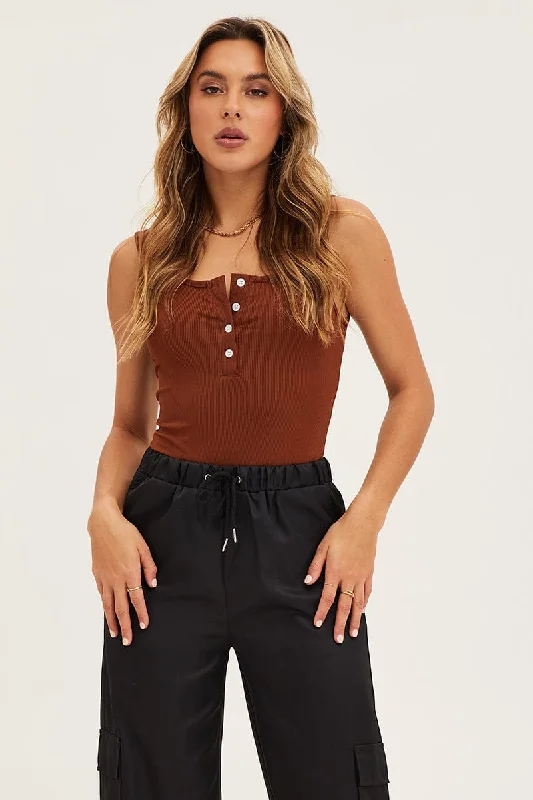 Elegant Simplicity Wardrobe Brown Button Front Rib Bodysuit