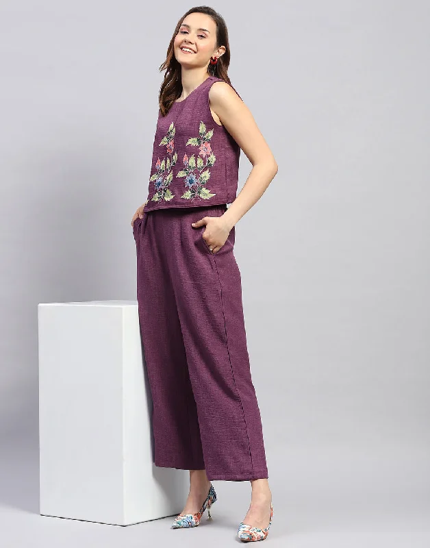 Elegant Attire For The Modern Lady Women Purple Floral Print Collar Neck Sleeveless Cords Set