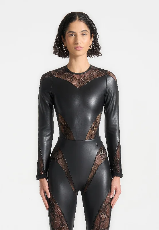 Vintage Style Clothing Sale Leather and Lace Contour Bodysuit - Black