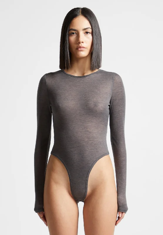 Chic Style, Always In Vogue Éternelle Sheer Long Sleeve Bodysuit - Grey