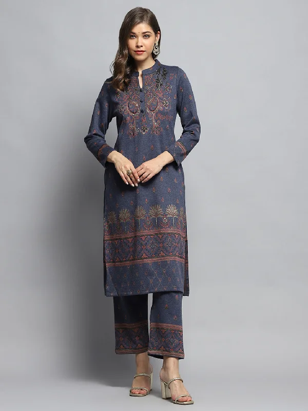 Sustainable Fashion Extravaganza Women Navy Blue Self Design Mandarin Collar Full Sleeve Kurti Set