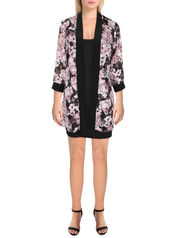 Valentine's Special Petites Womens Chiffon Floral Duster Blazer