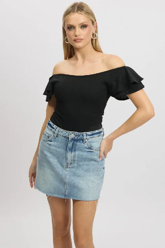 Evening Elegance Black Bodysuit Ruffle Sleeve Textured