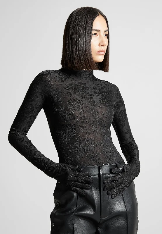 Unleash Your Style Jacquard Bodysuit with Gloves - Black