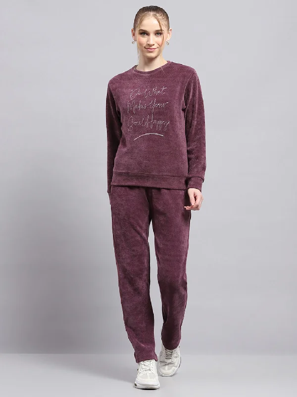 Effortless Comfort Women Maroon Embroidered Round Neck Full Sleeve Cords Set