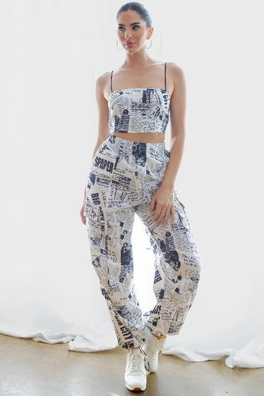 Beat The Heat In Tropical Styles Hot Girl Newspaper Print Cargo Pants & Crop Top Two Piece Set