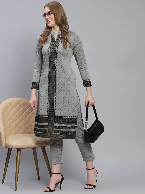 Elegant Attire Women Grey Self Design Collar Full Sleeve Kurtis Set