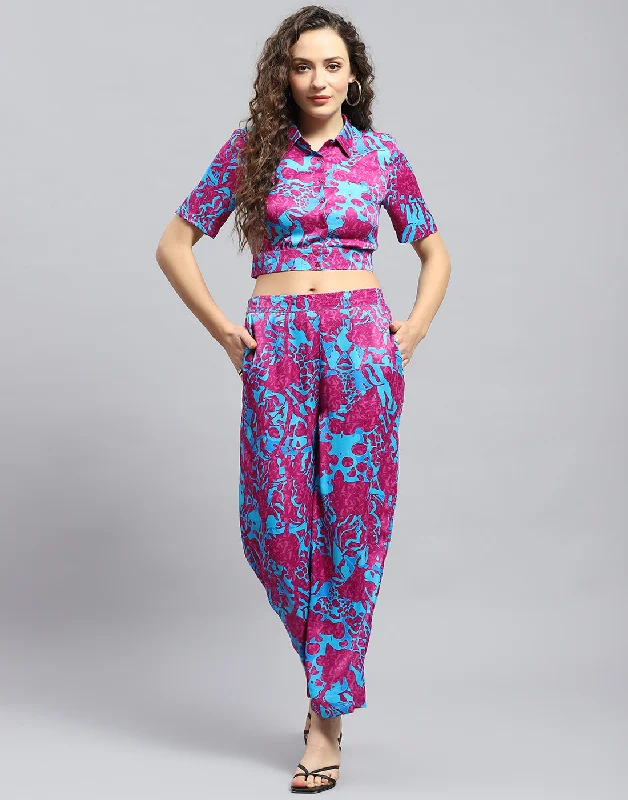 Women's Urban Fashion Women Magenta Printed Collar Half Sleeve Cords Set